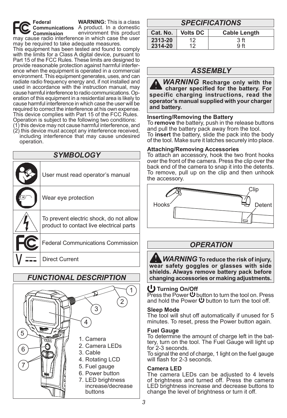 Functional description, Specifications, Symbology | Assembly warning, Operation warning | Milwaukee Tool 2314-21 User Manual | Page 3 / 16