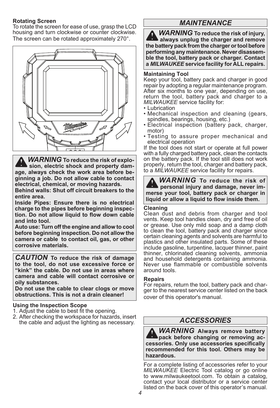 Warning, Caution, Accessories | Maintenance warning | Milwaukee Tool 2314-21 User Manual | Page 4 / 16