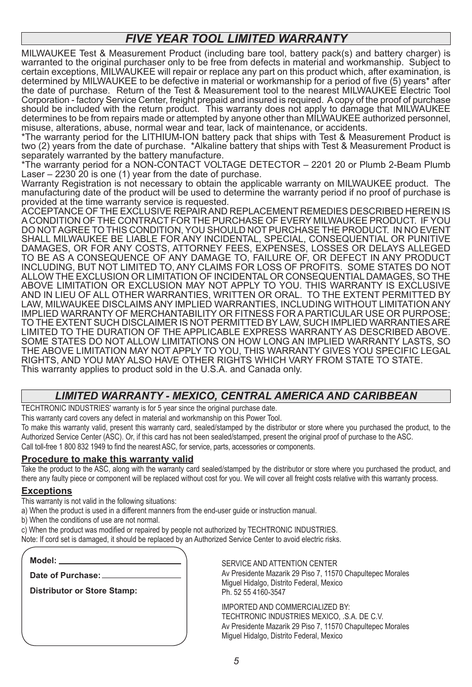 Five year tool limited warranty | Milwaukee Tool 2314-21 User Manual | Page 5 / 16