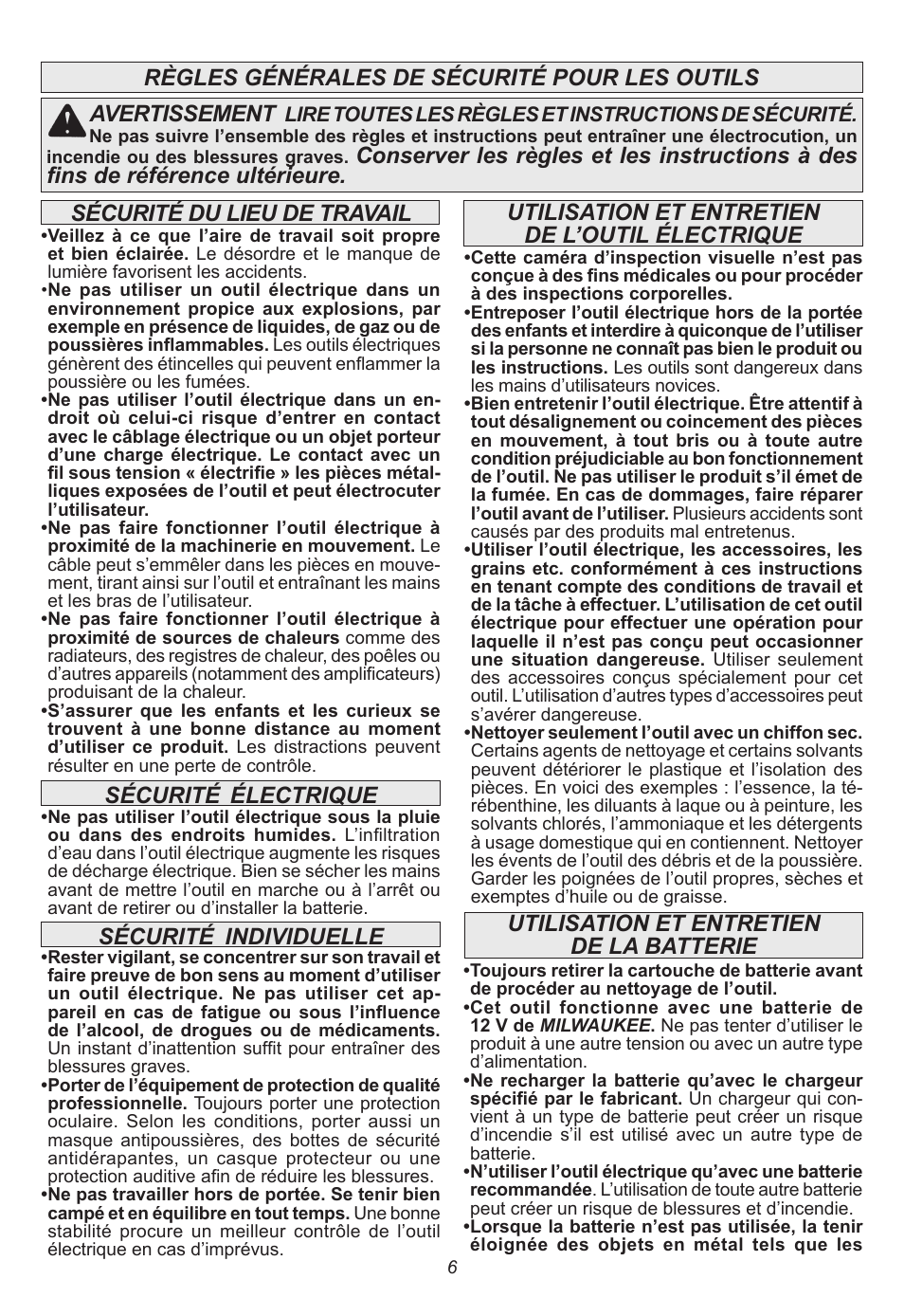 Sécurité, Individuelle sécurité, Utilisation et entretien de la batterie | Milwaukee Tool 2314-21 User Manual | Page 6 / 16