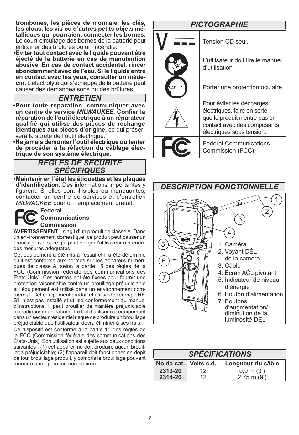 Règles de sécurité spécifiques entretien, Pictographie, Description fonctionnelle spécifications | Milwaukee Tool 2314-21 User Manual | Page 7 / 16