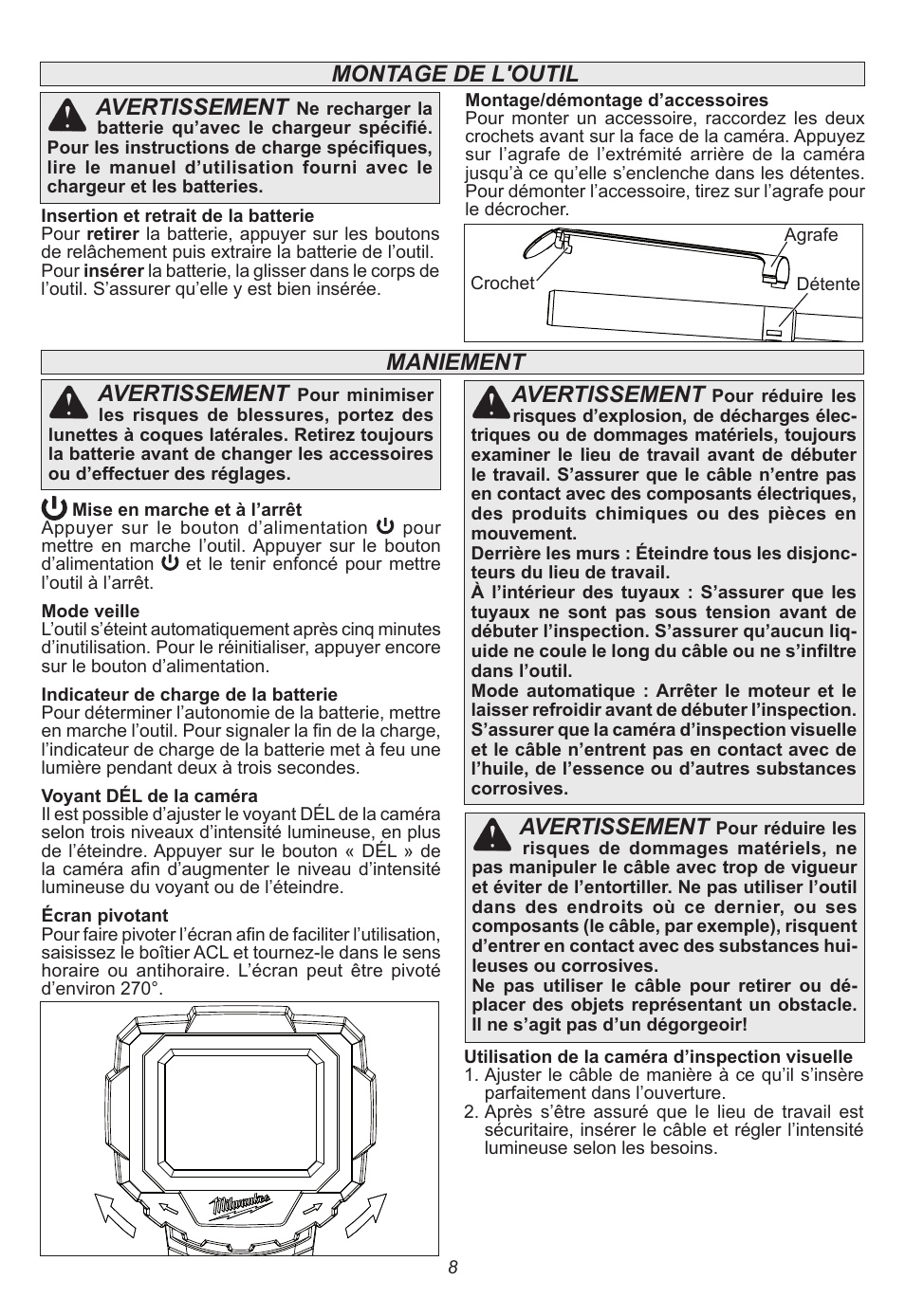 Maniement avertissement, Avertissement, Montage de l'outil avertissement | Milwaukee Tool 2314-21 User Manual | Page 8 / 16