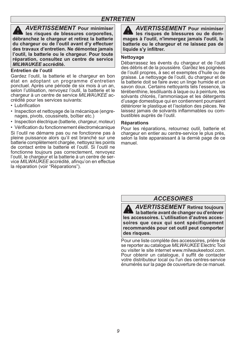 Entretien avertissement, Avertissement, Accesoires avertissement | Milwaukee Tool 2314-21 User Manual | Page 9 / 16