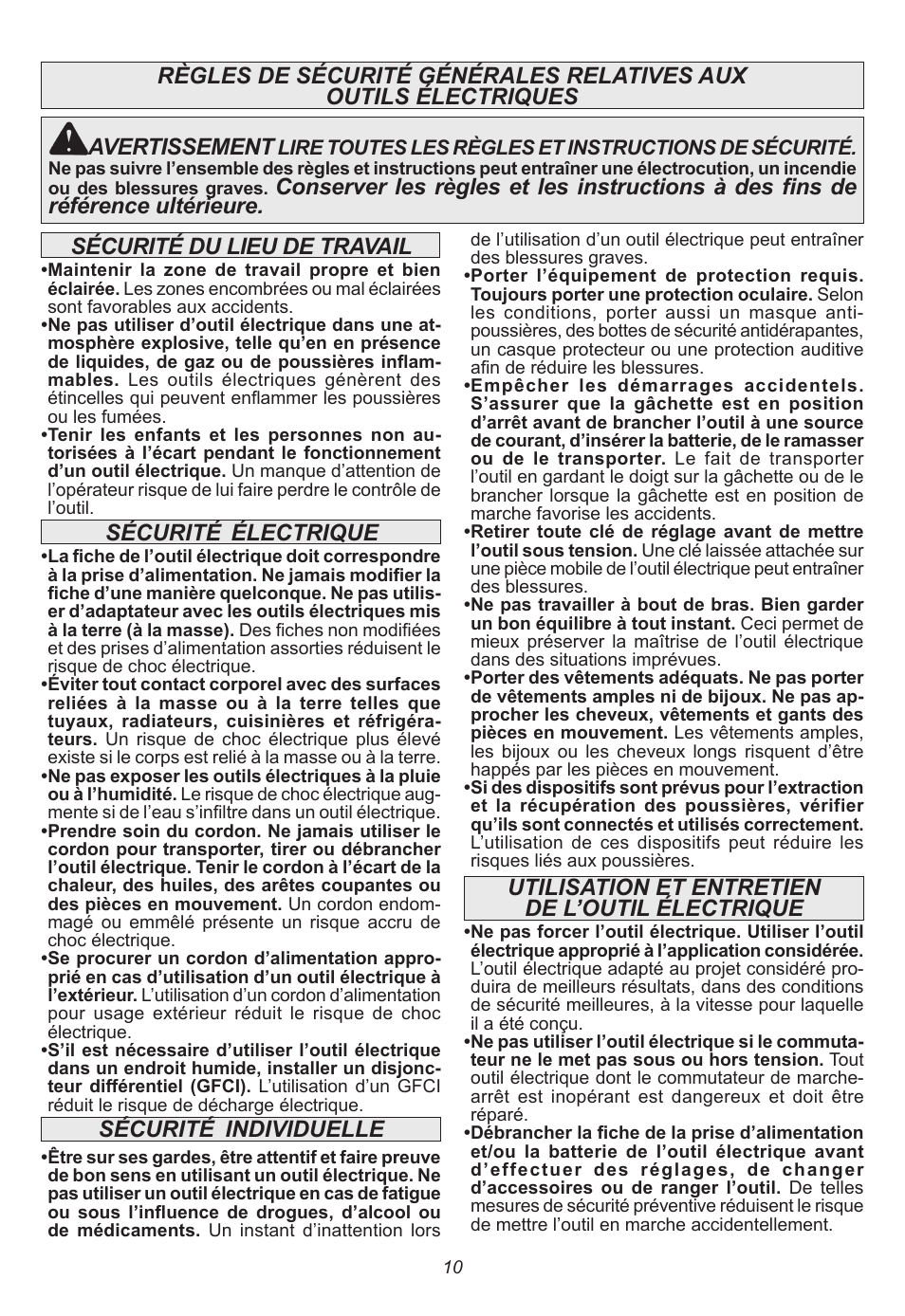 Sécurité, Individuelle sécurité | Milwaukee Tool 2311-21 User Manual | Page 10 / 28
