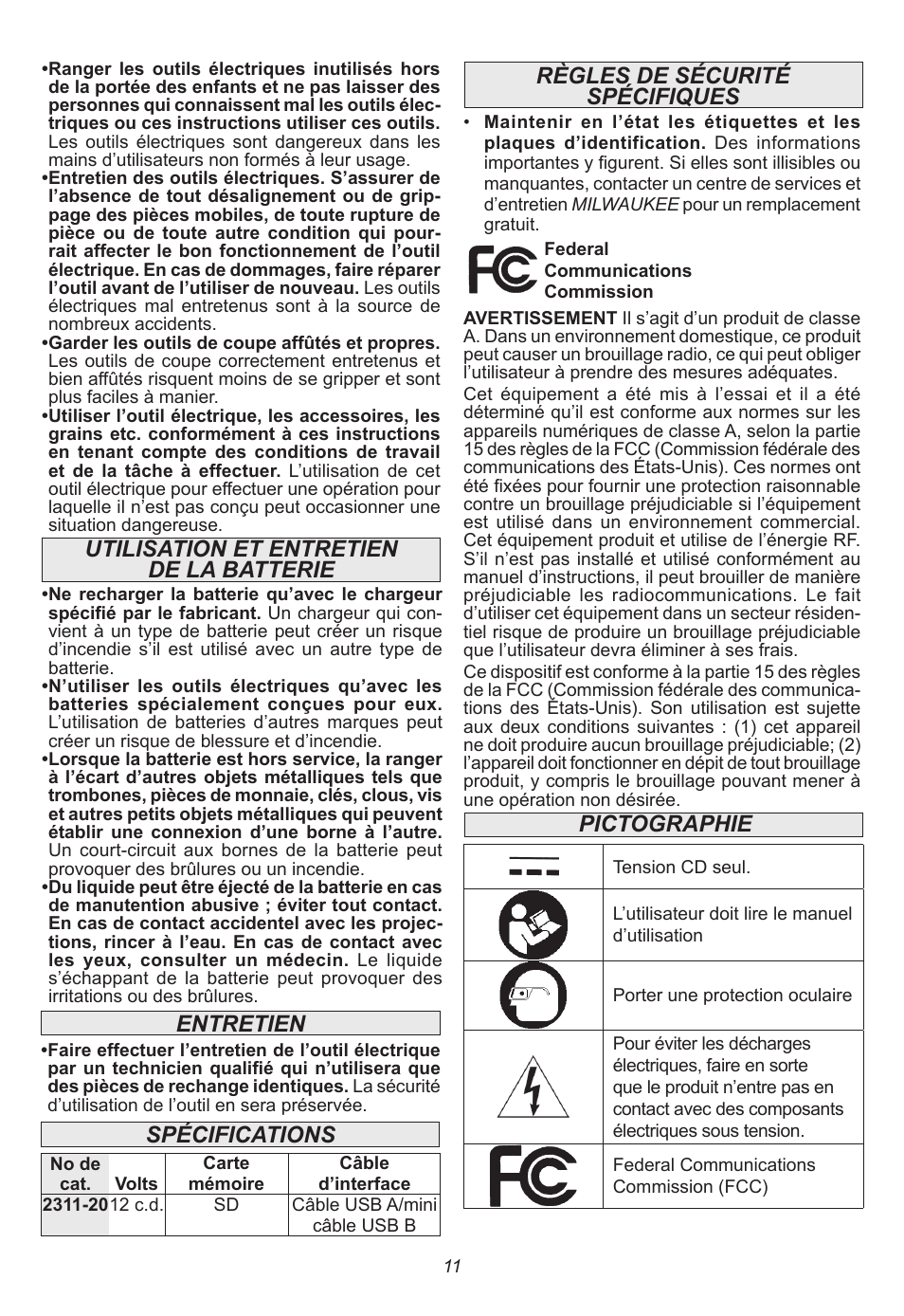 Utilisation et entretien de la batterie, Entretien | Milwaukee Tool 2311-21 User Manual | Page 11 / 28