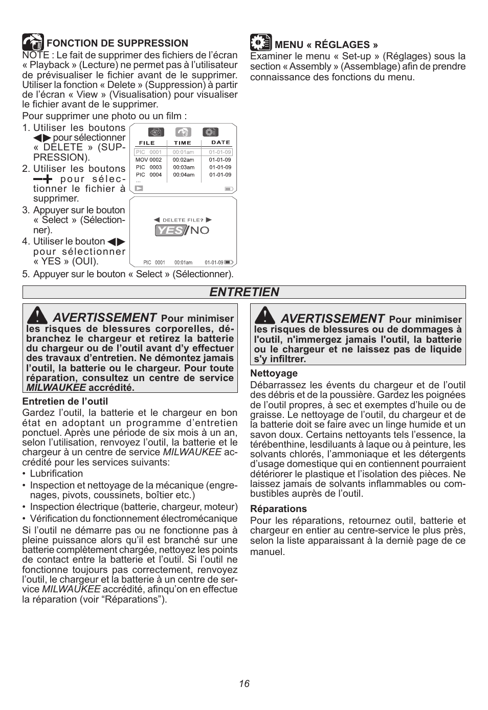 Entretien avertissement, Avertissement | Milwaukee Tool 2311-21 User Manual | Page 16 / 28