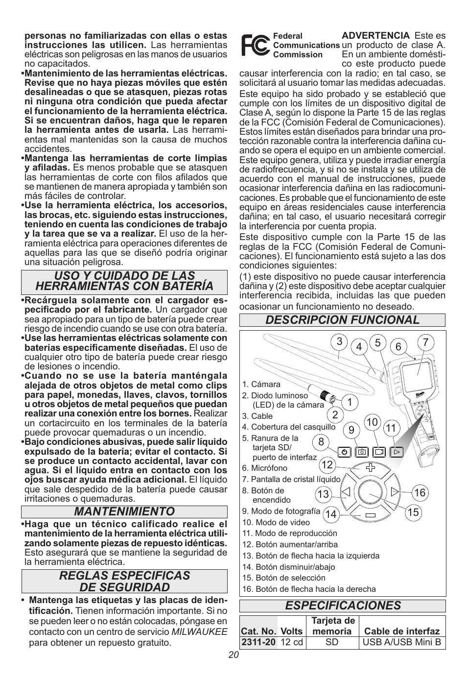 Descripcion funcional, Reglas especificas de seguridad especificaciones | Milwaukee Tool 2311-21 User Manual | Page 20 / 28