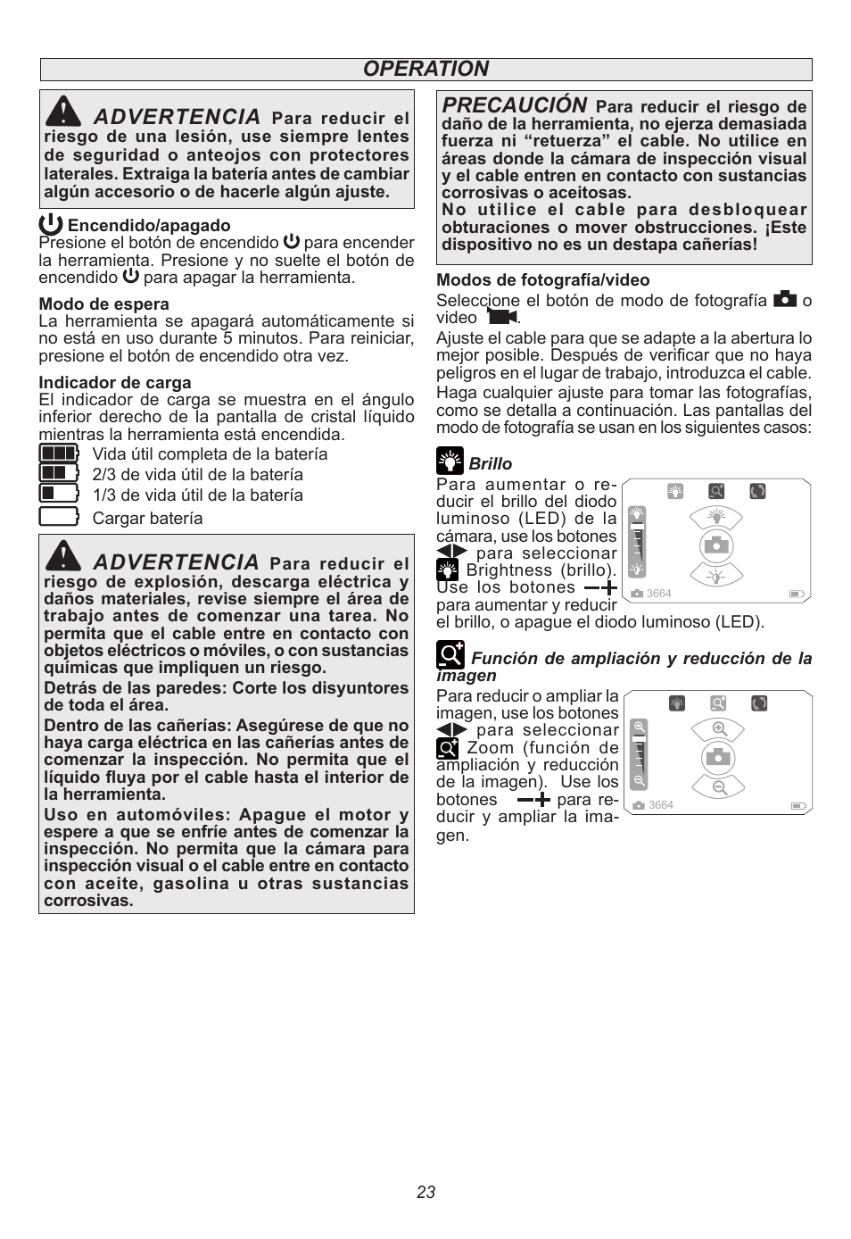Operation, Advertencia, Precaución | Milwaukee Tool 2311-21 User Manual | Page 23 / 28