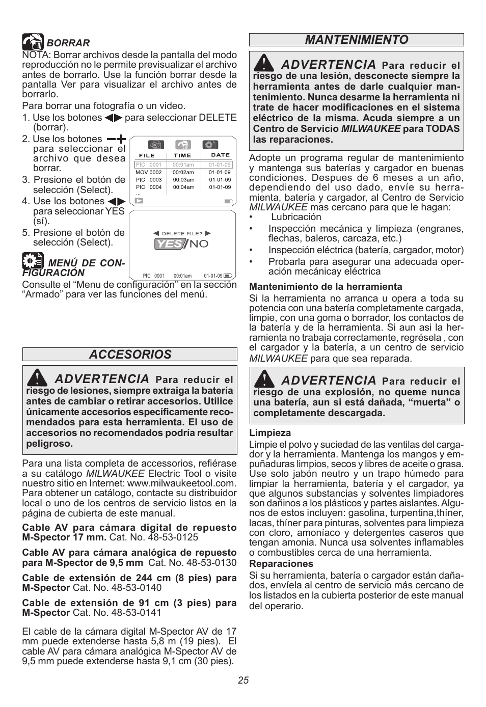 Mantenimiento advertencia, Advertencia, Accesorios advertencia | Milwaukee Tool 2311-21 User Manual | Page 25 / 28