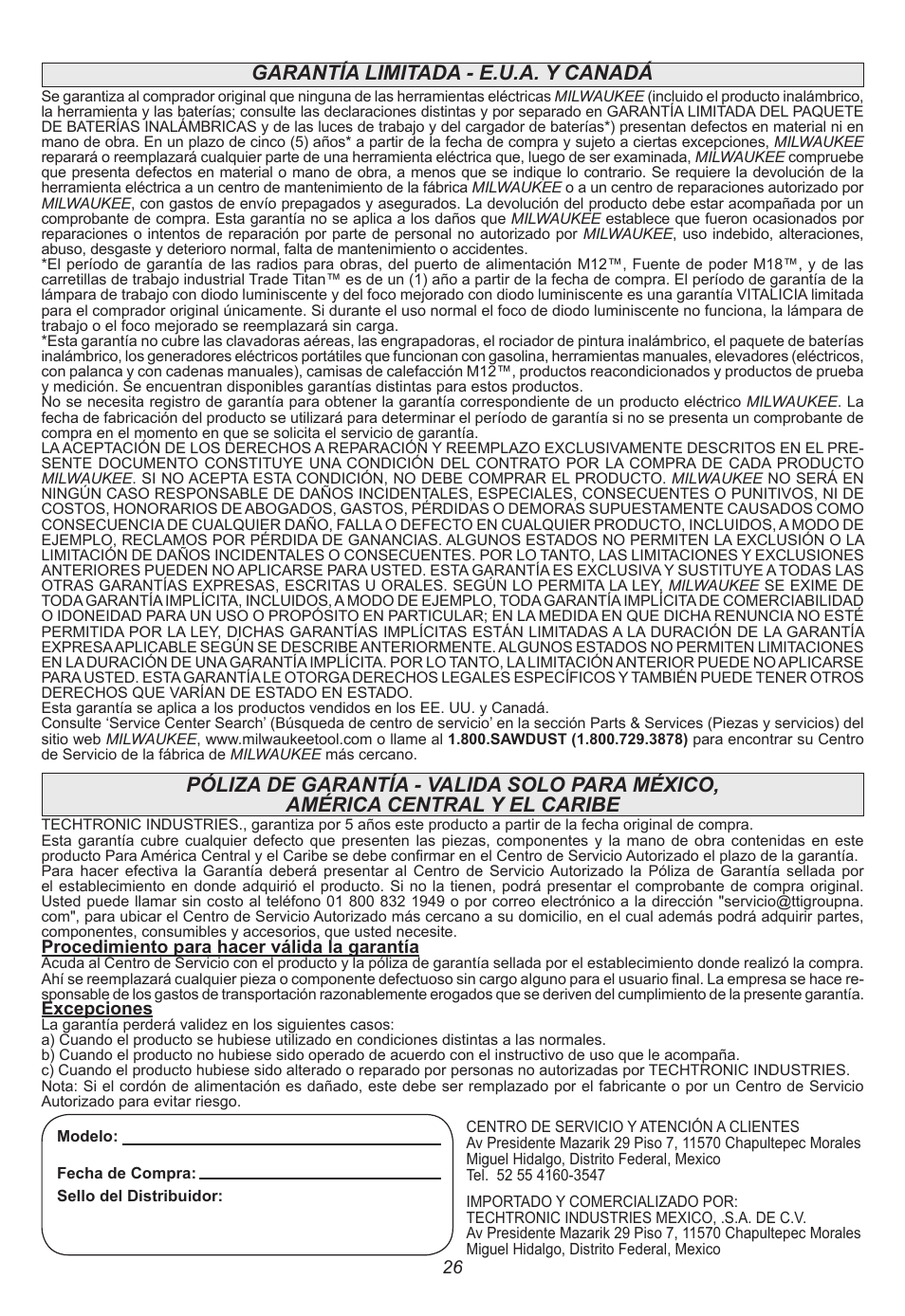 Garantía limitada - e.u.a. y canadá | Milwaukee Tool 2311-21 User Manual | Page 26 / 28