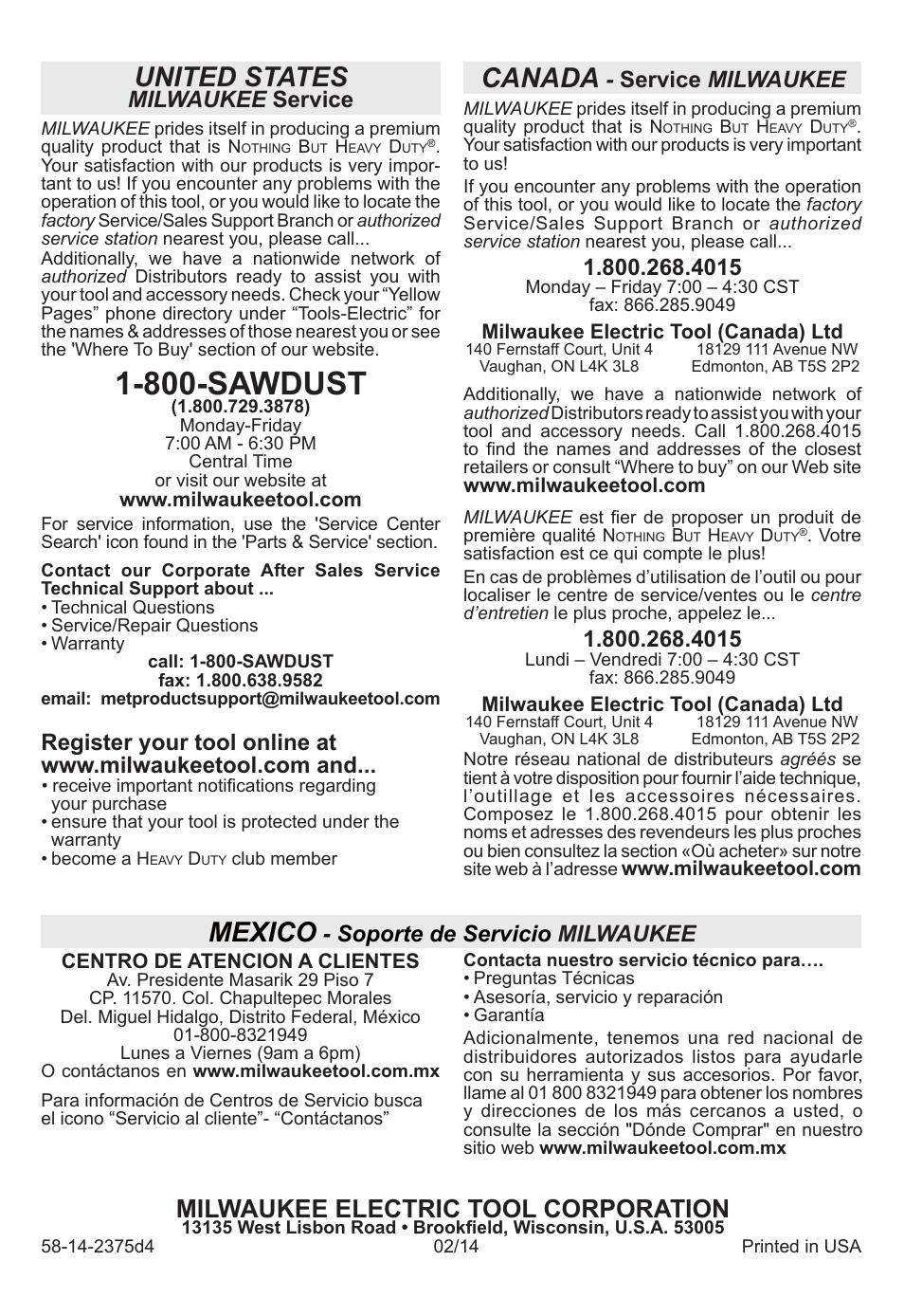 800-sawdust, United states, Canada | Mexico, Milwaukee electric tool corporation, Milwaukee service, Service milwaukee, Soporte de servicio milwaukee | Milwaukee Tool 2311-21 User Manual | Page 28 / 28