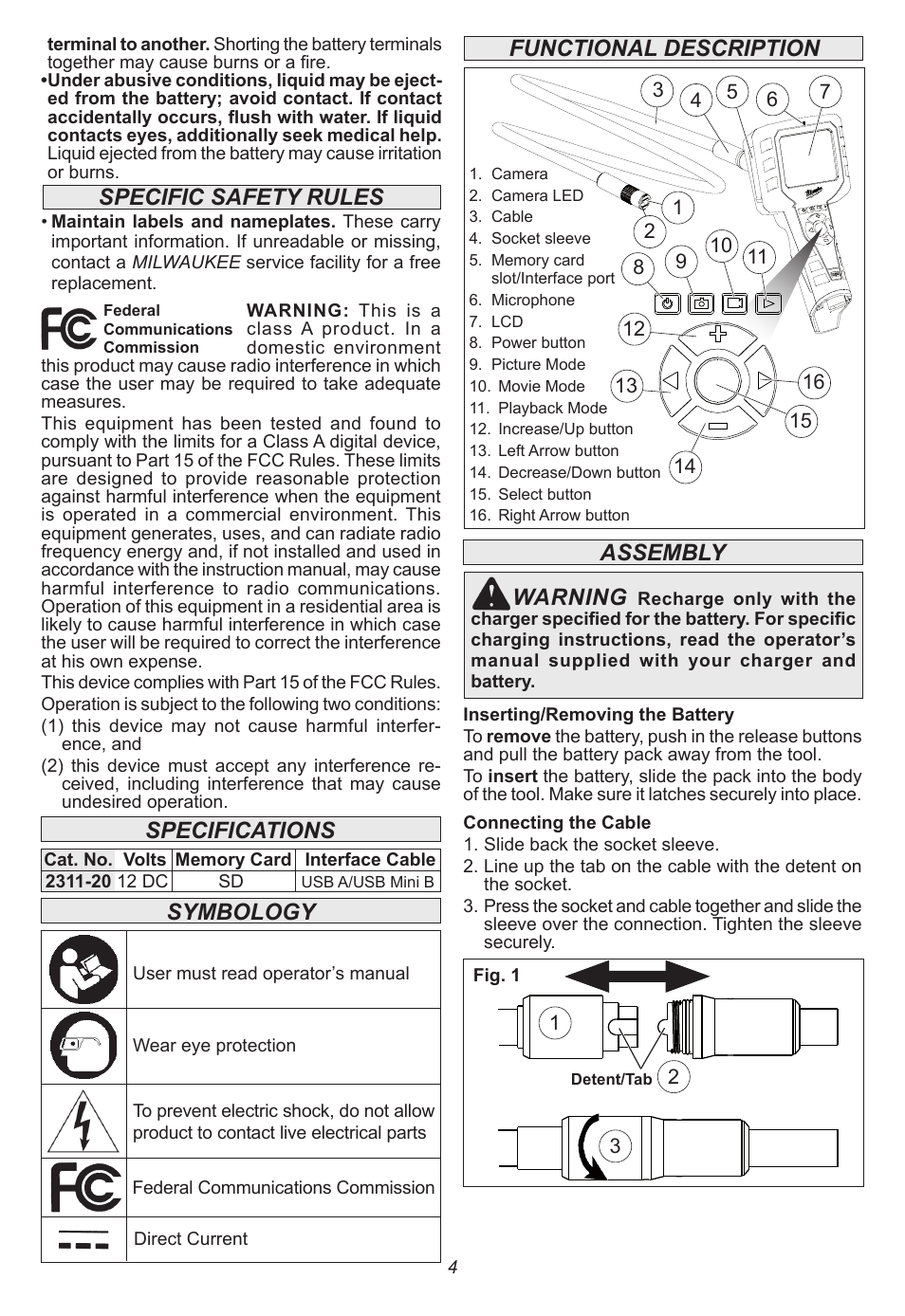 Specific safety rules functional description, Assembly warning, Specifications symbology | Milwaukee Tool 2311-21 User Manual | Page 4 / 28