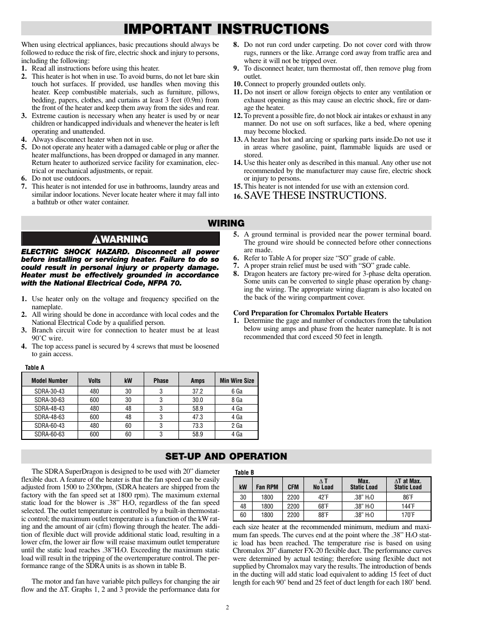 Important instructions, Save these instructions, Wiring | Set-up and operation | Chromalox SDRA-RG User Manual | Page 2 / 8
