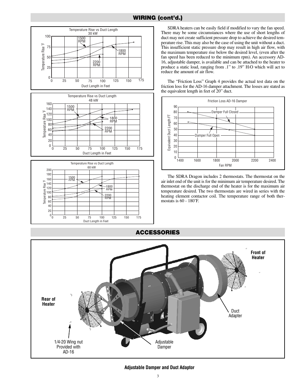Wiring (cont’d.) accessories, Adjustable damper and duct adaptor | Chromalox SDRA-RG User Manual | Page 3 / 8