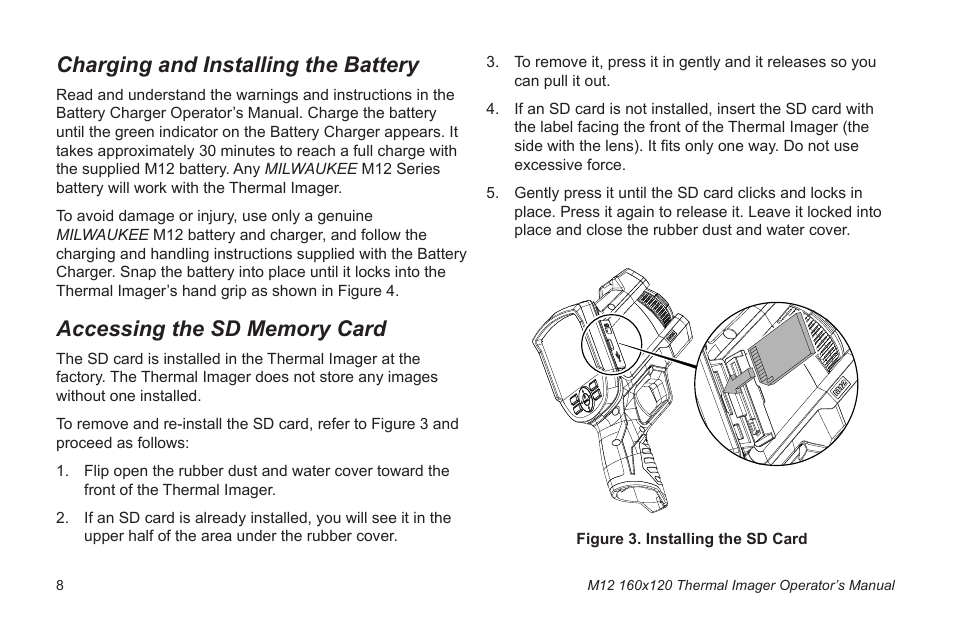 Charging and installing the battery, Installing the sd memory card | Milwaukee Tool 2260-21NST User Manual | Page 10 / 108