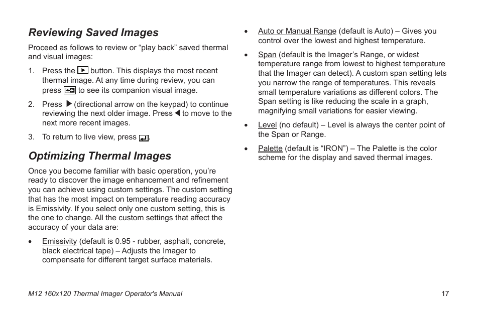 Optimizing thermal pictures, Optimizing thermal images, Reviewing saved images | Milwaukee Tool 2260-21NST User Manual | Page 19 / 108