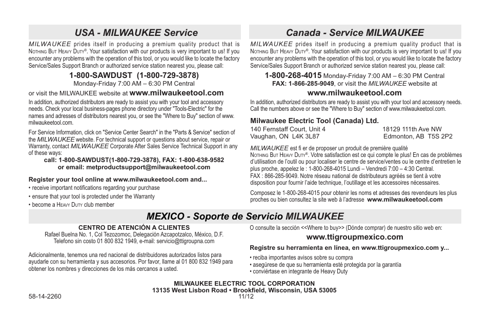 Canada - service milwaukee | Milwaukee Tool 2260-21NST User Manual | Page 36 / 108