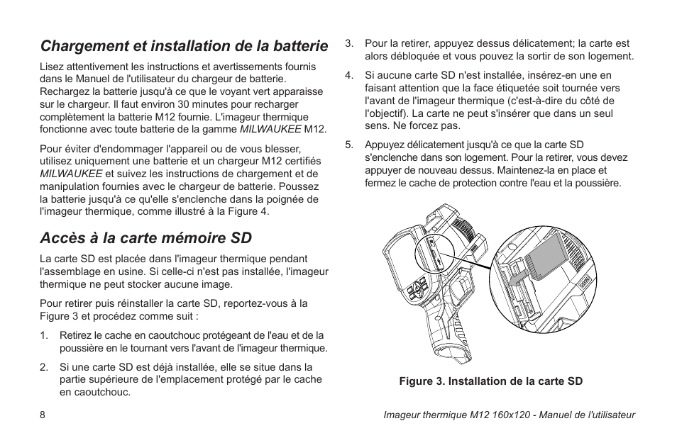 Chargement et installation de la batterie, Accès à la carte mémoire sd | Milwaukee Tool 2260-21NST User Manual | Page 46 / 108