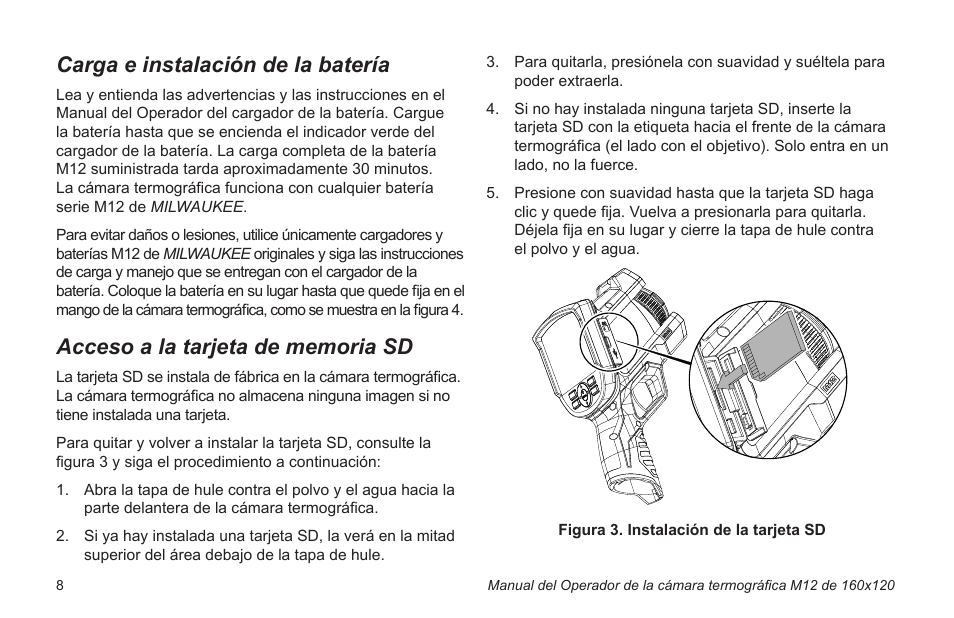 Carga e instalación de la batería, Acceso a la tarjeta de memoria sd | Milwaukee Tool 2260-21NST User Manual | Page 82 / 108