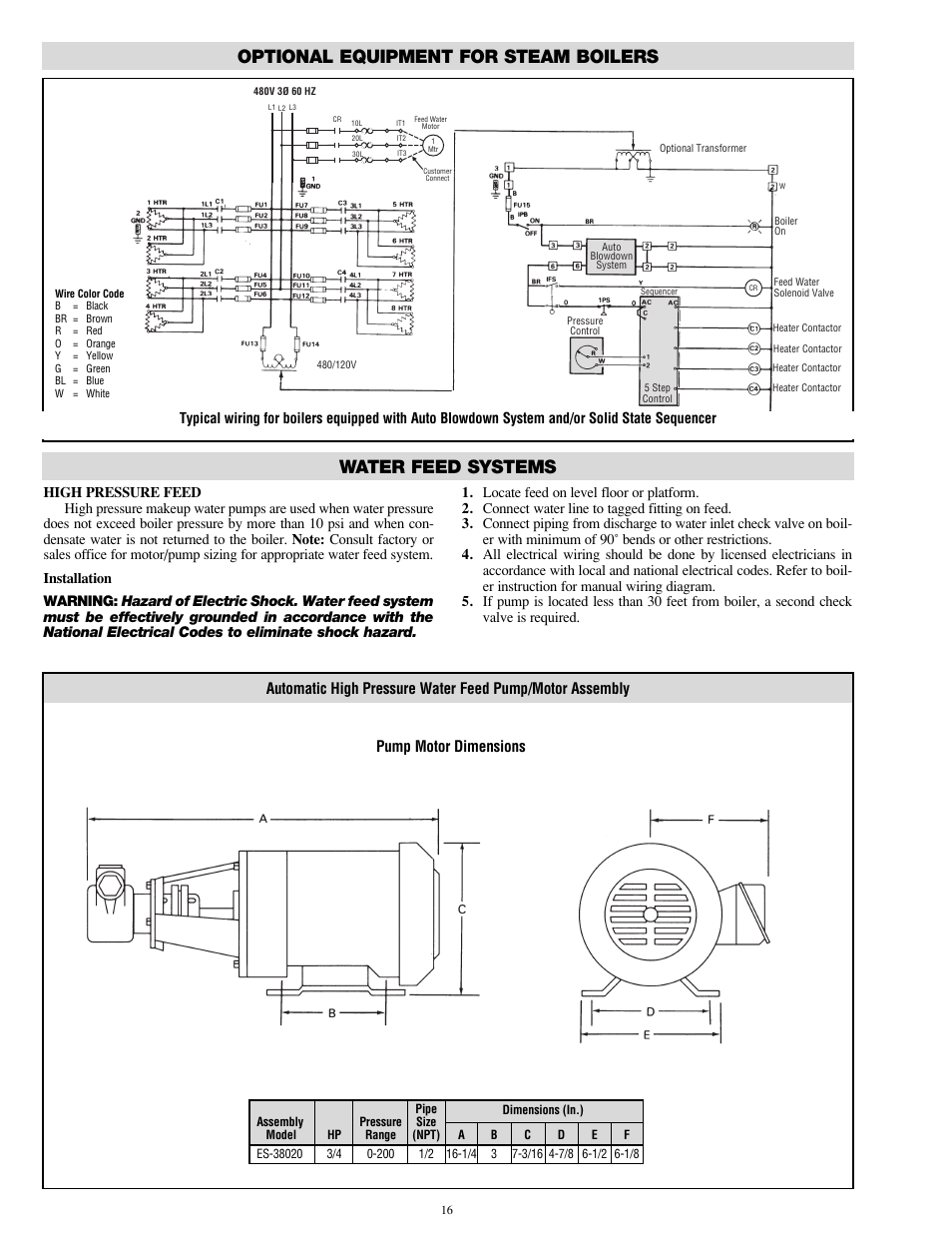 Water feed systems, Optional equipment for steam boilers, Pump motor dimensions | Chromalox CHPES-6A User Manual | Page 16 / 20