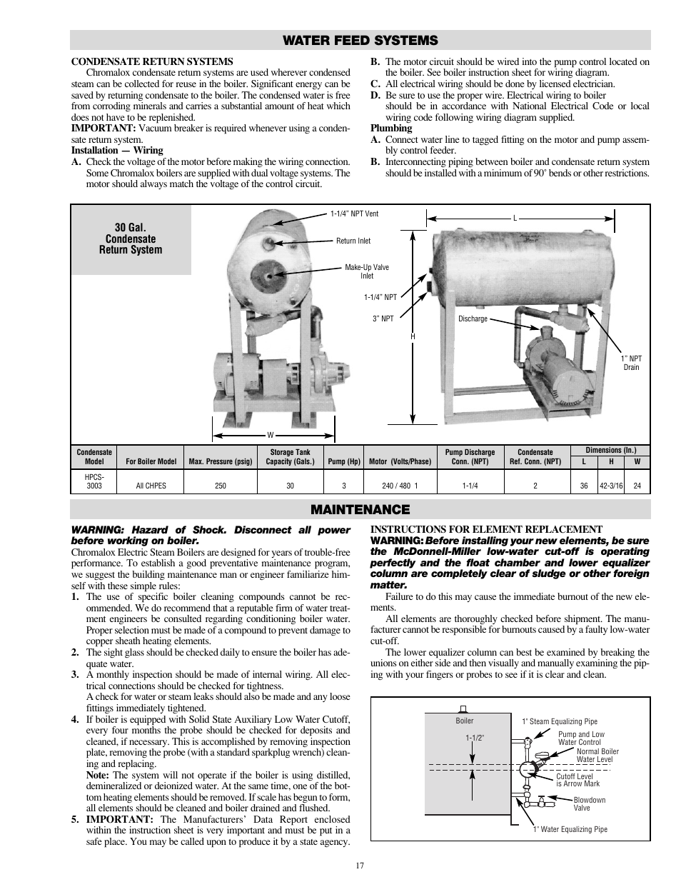 Water feed systems, Maintenance | Chromalox CHPES-6A User Manual | Page 17 / 20