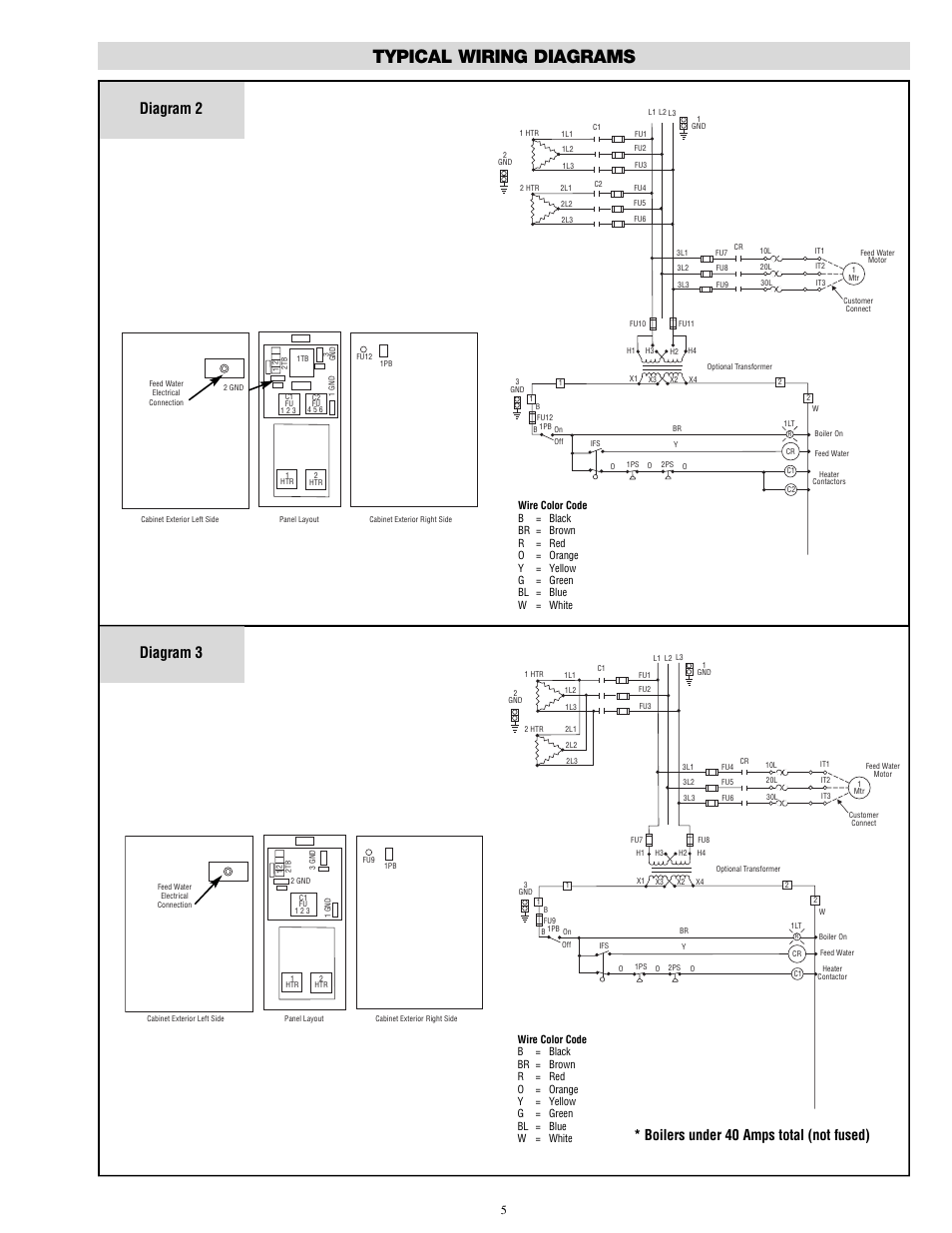 Typical wiring diagrams, Diagram 2, Diagram 3 | Boilers under 40 amps total (not fused) | Chromalox CHPES-6A User Manual | Page 5 / 20