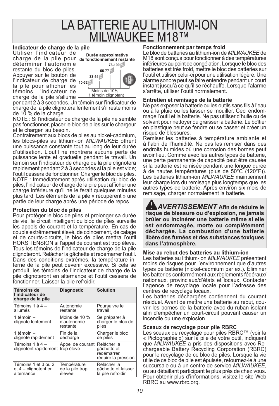 La batterie au lithium-ion milwaukee m18, Avertissement | Milwaukee Tool 48-59-1806 User Manual | Page 10 / 20
