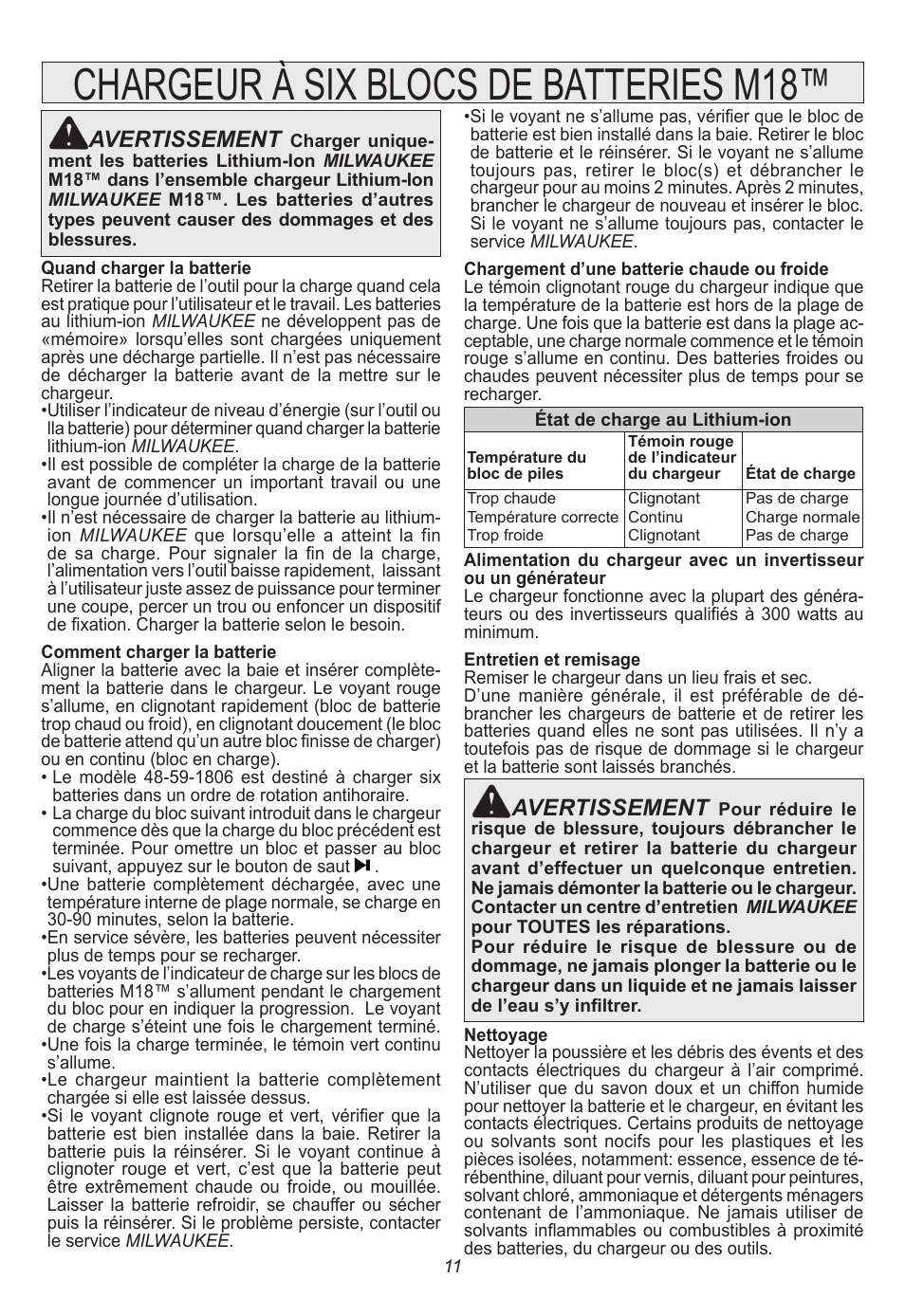 Chargeur à six blocs de batteries m18, Avertissement | Milwaukee Tool 48-59-1806 User Manual | Page 11 / 20