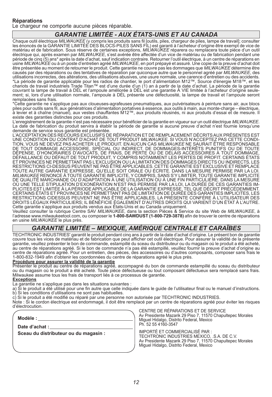 Garantie limitée - aux états-unis et au canada | Milwaukee Tool 48-59-1806 User Manual | Page 12 / 20