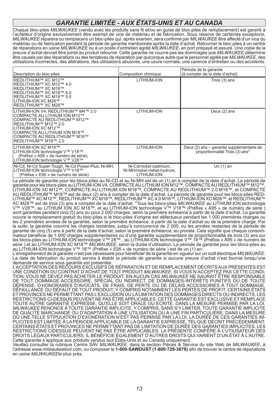 Garantie limitée - aux états-unis et au canada | Milwaukee Tool 48-59-1806 User Manual | Page 13 / 20