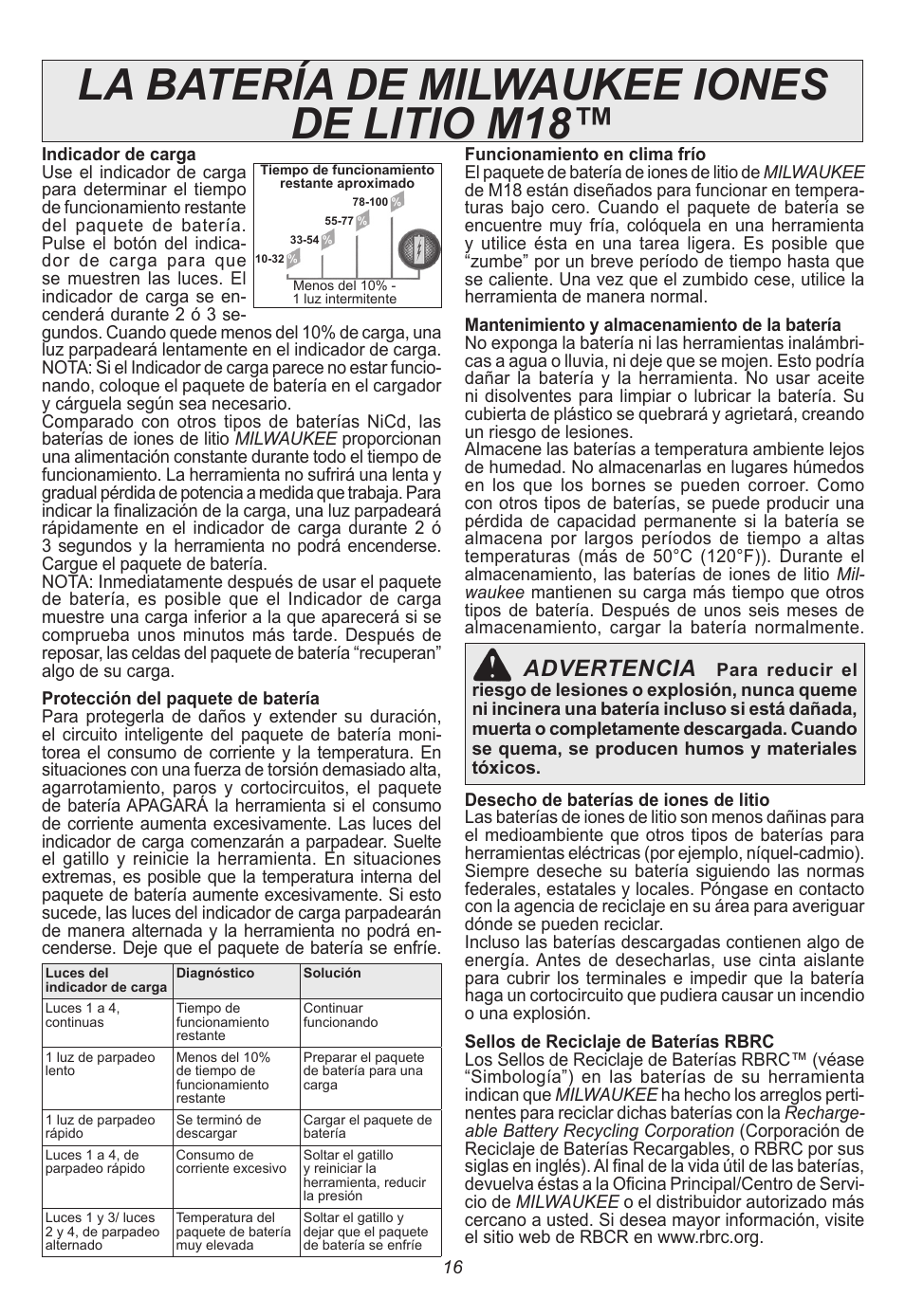 La batería de milwaukee iones de litio m18, Advertencia | Milwaukee Tool 48-59-1806 User Manual | Page 16 / 20