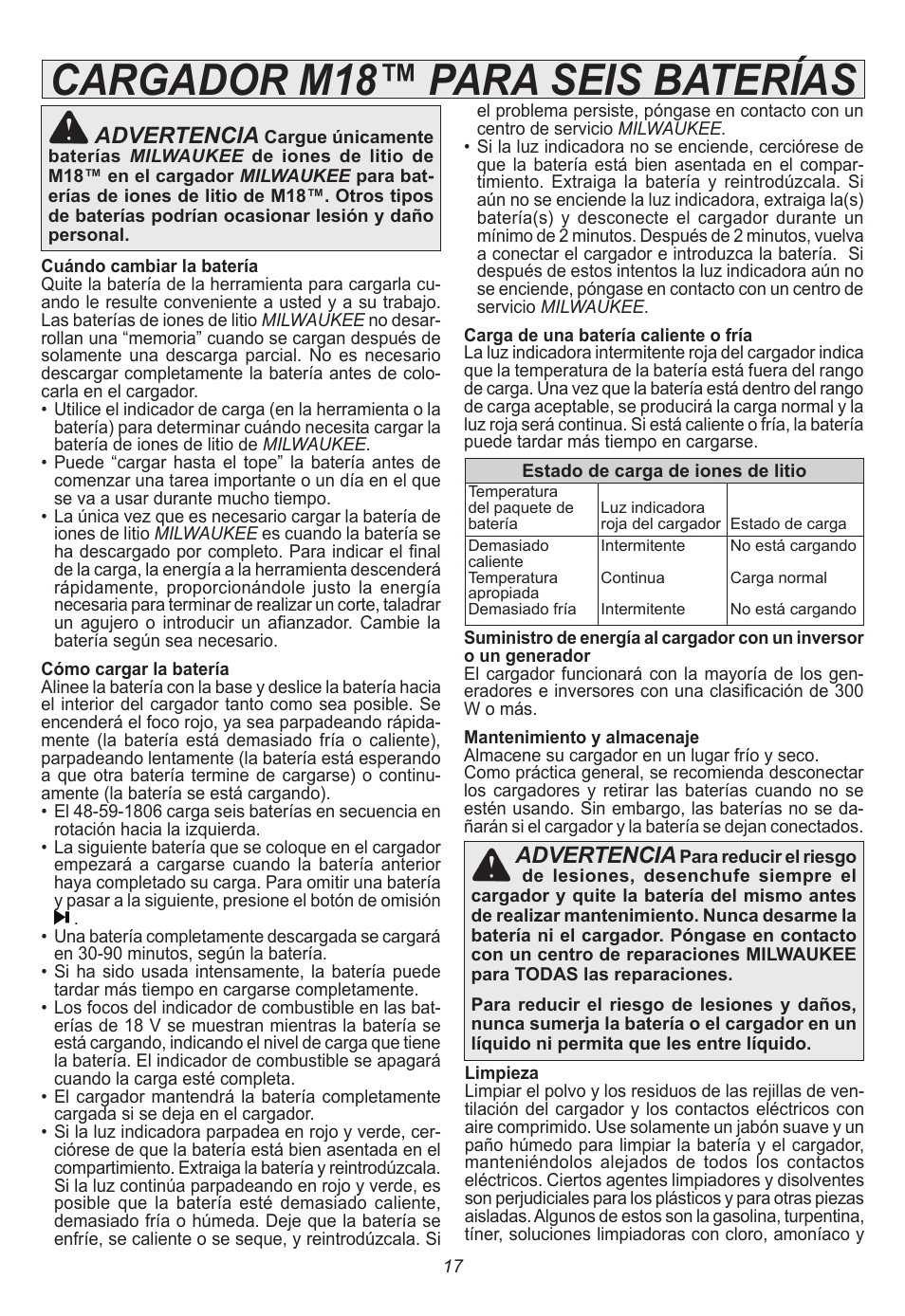 Cargador m18™ para seis baterías, Advertencia | Milwaukee Tool 48-59-1806 User Manual | Page 17 / 20