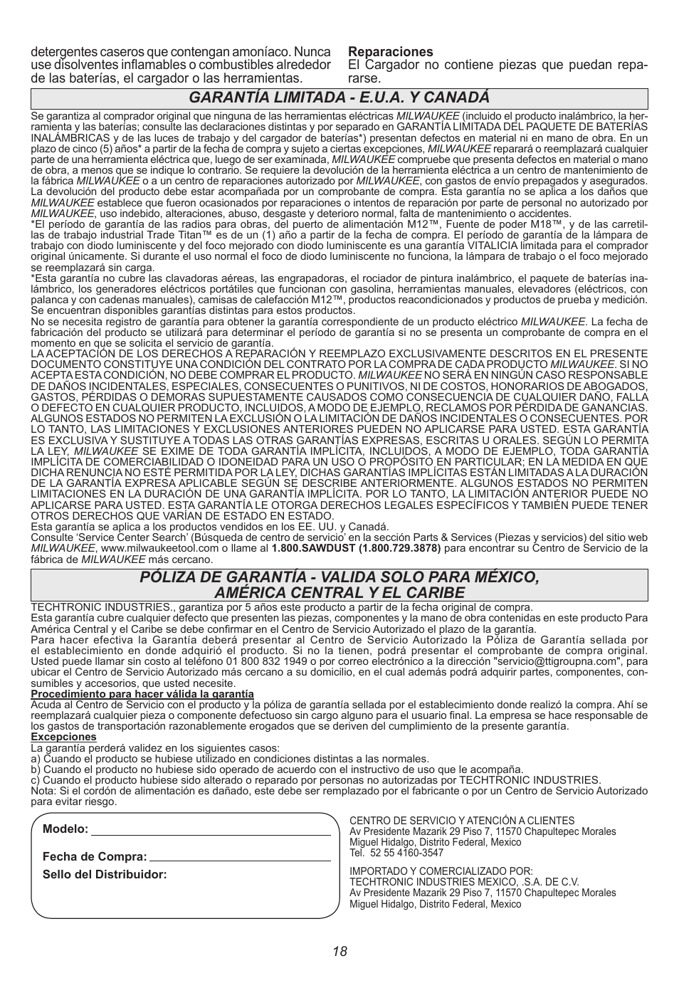 Garantía limitada - e.u.a. y canadá | Milwaukee Tool 48-59-1806 User Manual | Page 18 / 20