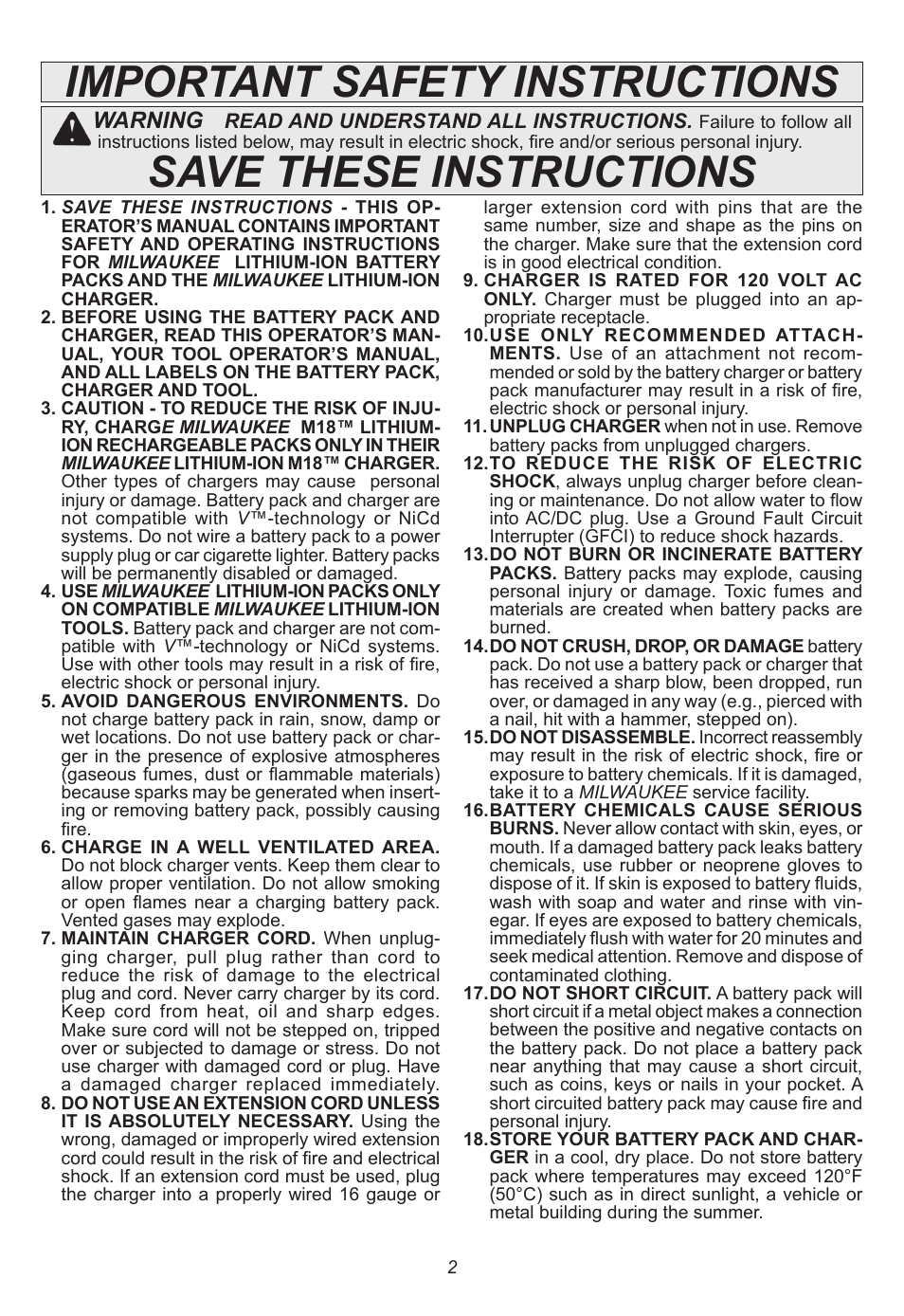 Important safety instructions, Save these instructions, Warning | Milwaukee Tool 48-59-1806 User Manual | Page 2 / 20