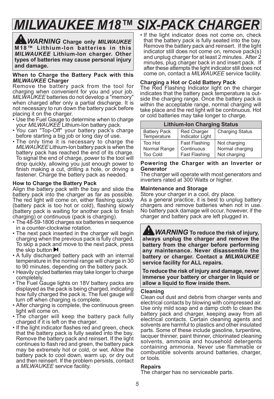 Milwaukee m18™ six-pack charger, Warning | Milwaukee Tool 48-59-1806 User Manual | Page 5 / 20