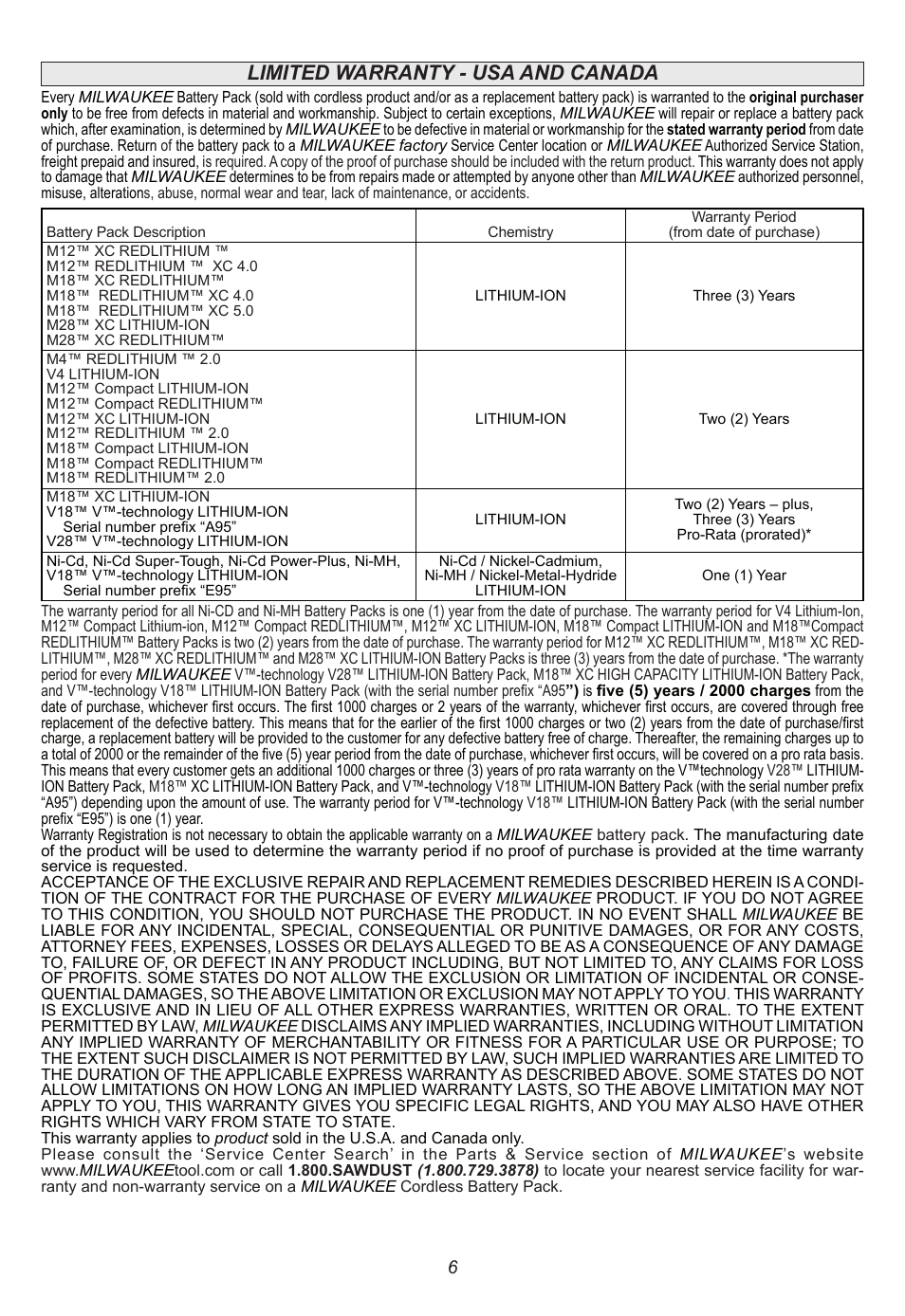 Limited warranty - usa and canada | Milwaukee Tool 48-59-1806 User Manual | Page 6 / 20