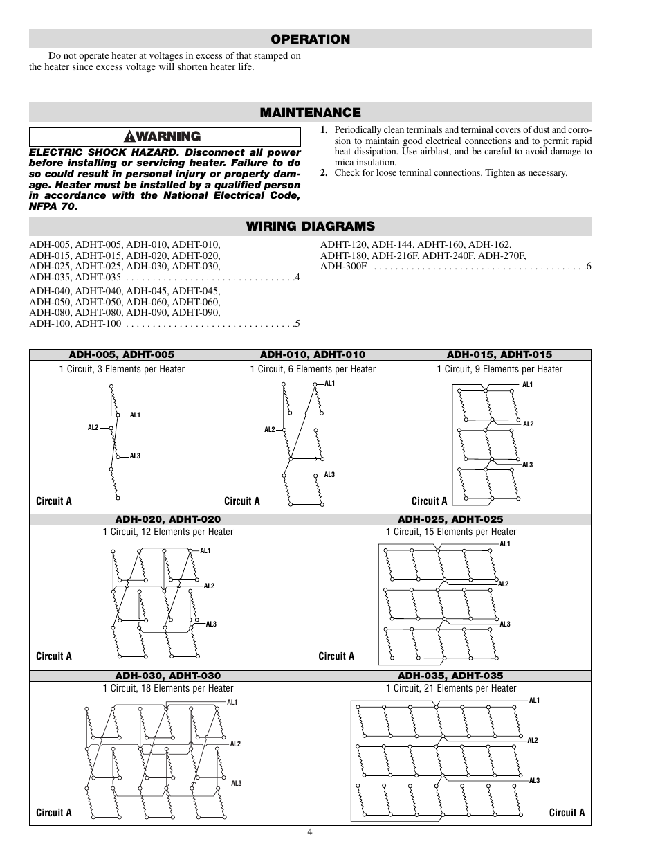 Operation, Maintenance, Wiring diagrams | Chromalox ADH-005 User Manual | Page 4 / 8