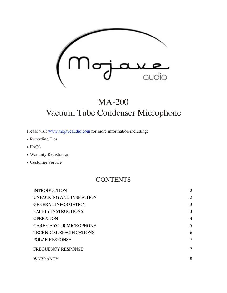 Mojave Audio MA-200 User Manual | 8 pages