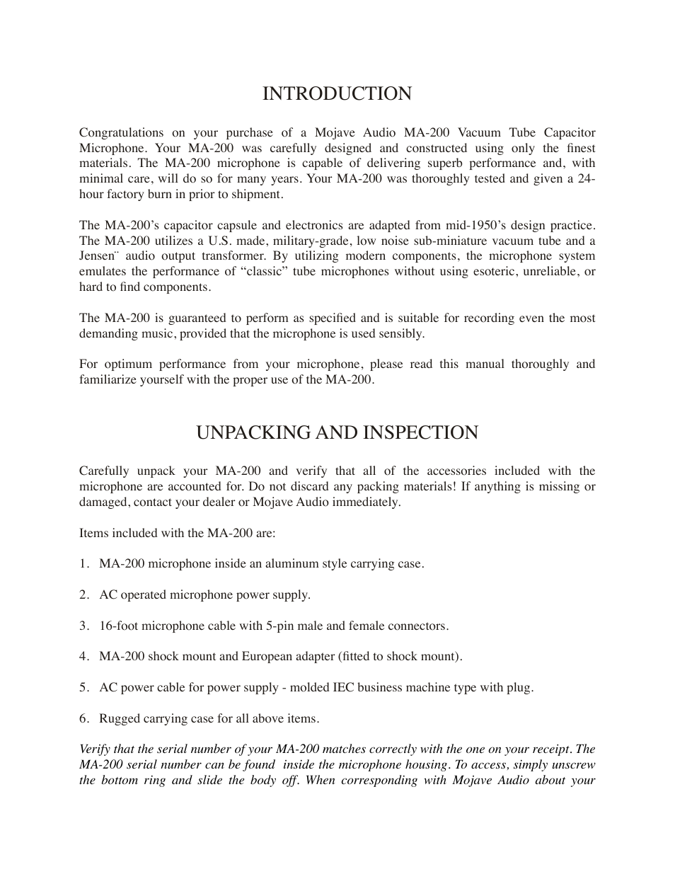 Introduction, Unpacking and inspection | Mojave Audio MA-200 User Manual | Page 2 / 8