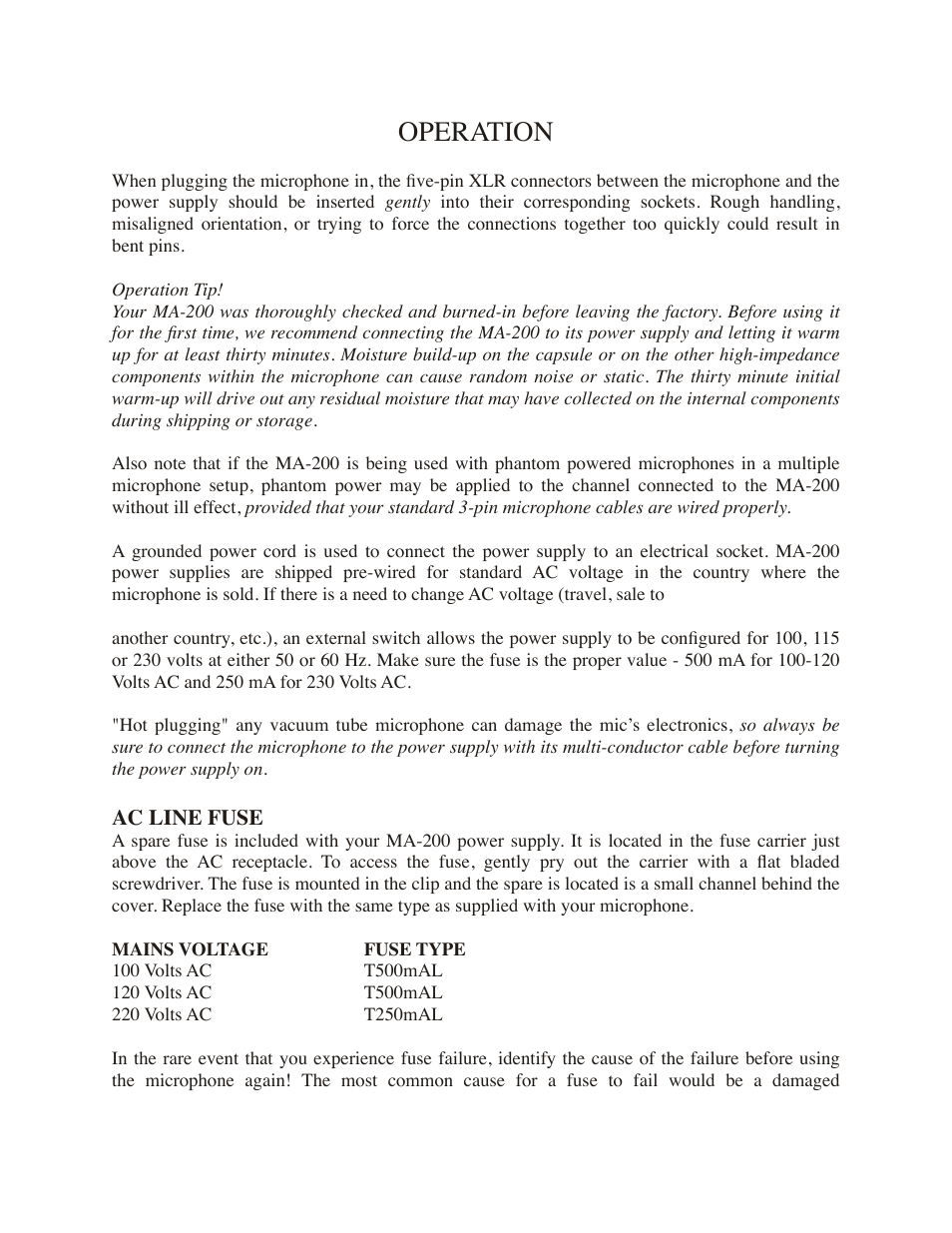Operation | Mojave Audio MA-200 User Manual | Page 4 / 8