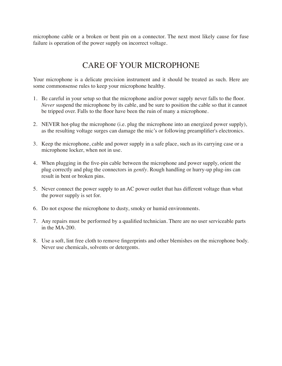 Care of your microphone | Mojave Audio MA-200 User Manual | Page 5 / 8