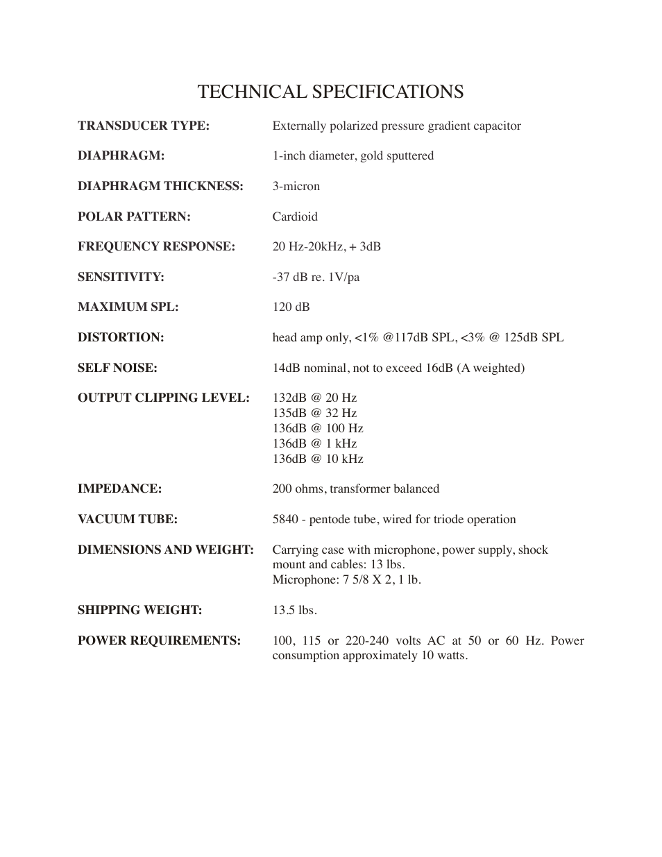 Technical specifications | Mojave Audio MA-200 User Manual | Page 6 / 8