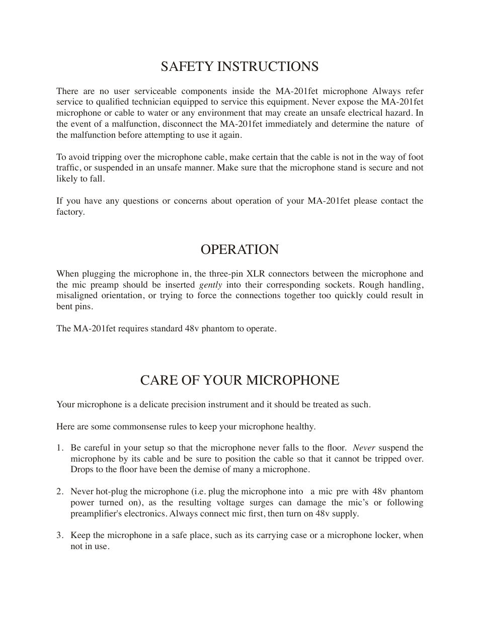 Safety instructions, Operation, Care of your microphone | Mojave Audio MA-201fet User Manual | Page 3 / 6
