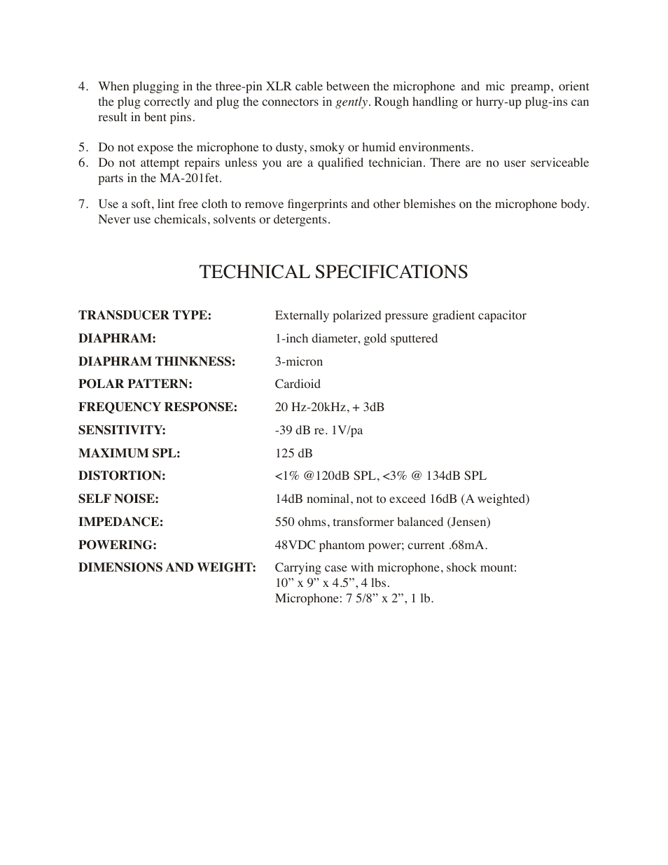 Technical specifications | Mojave Audio MA-201fet User Manual | Page 4 / 6