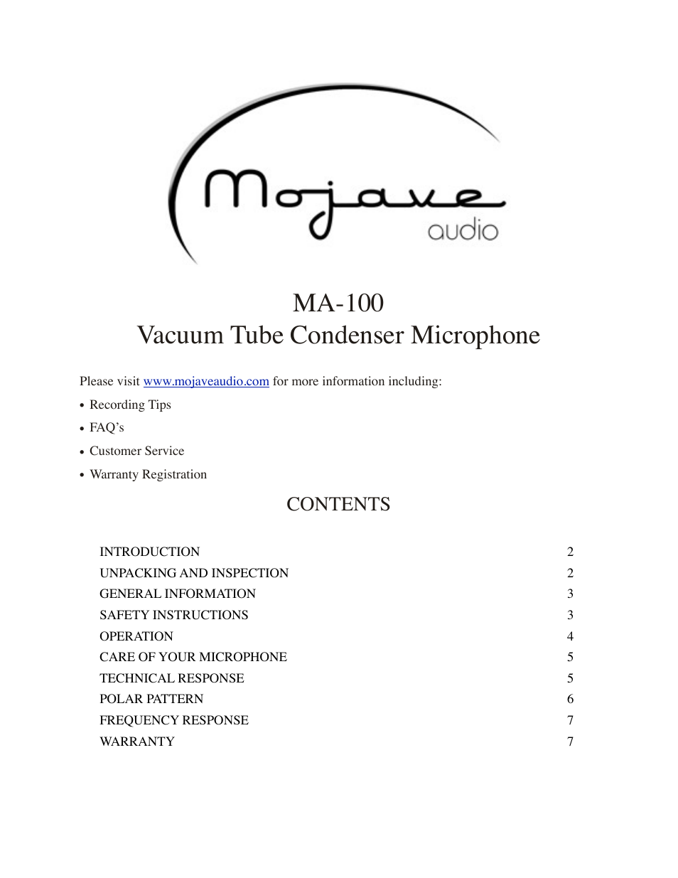 Mojave Audio MA-100SP User Manual | 8 pages