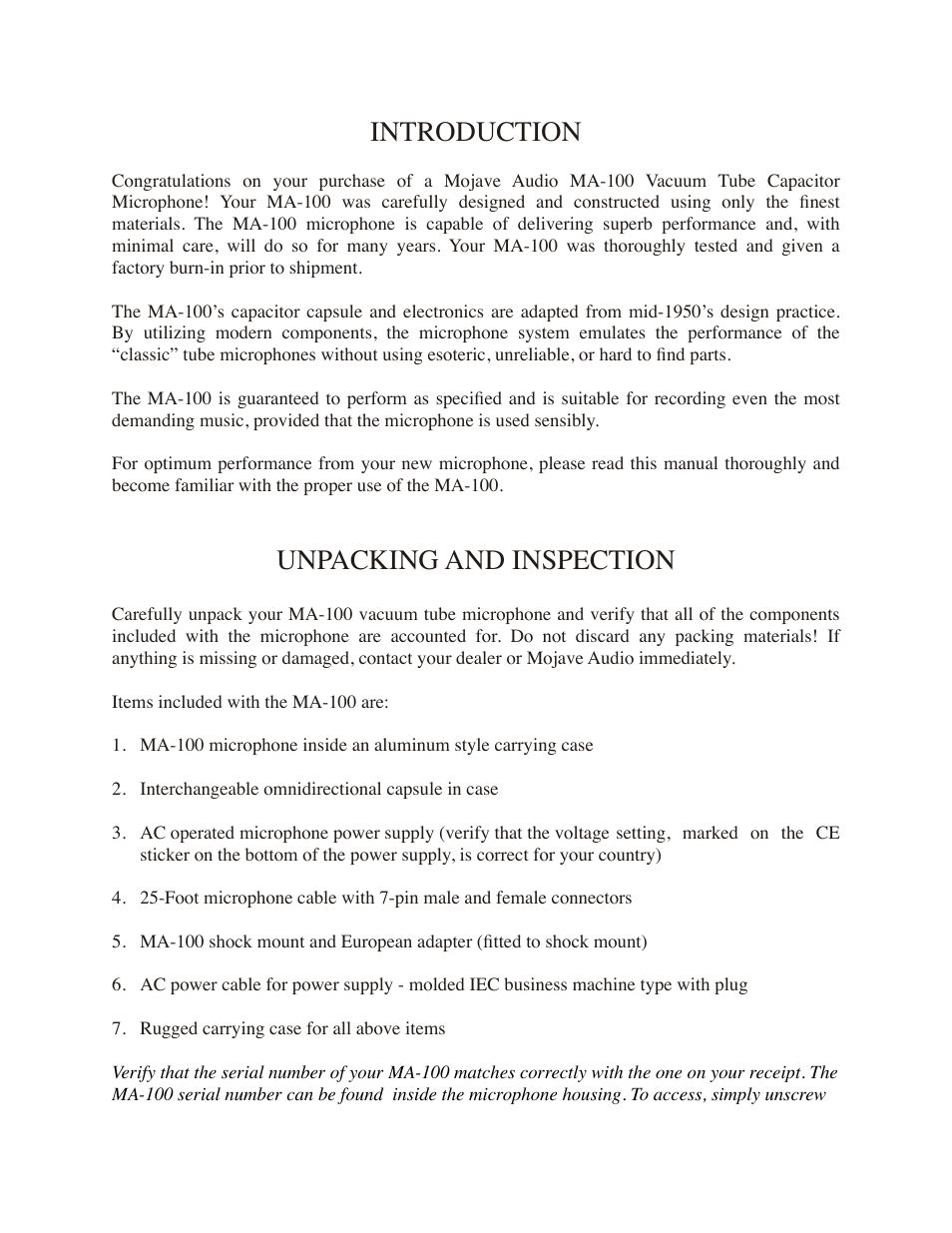 Introduction, Unpacking and inspection | Mojave Audio MA-100SP User Manual | Page 2 / 8