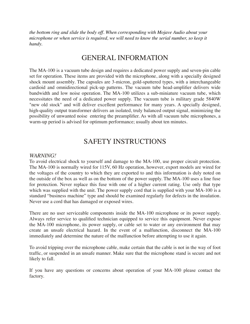 General information, Safety instructions | Mojave Audio MA-100SP User Manual | Page 3 / 8