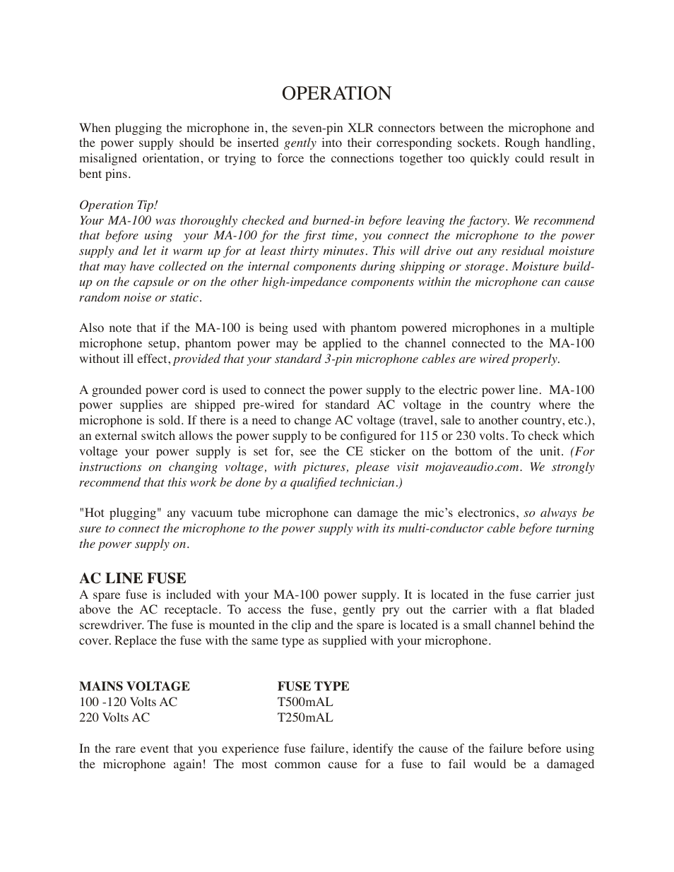 Operation | Mojave Audio MA-100SP User Manual | Page 4 / 8