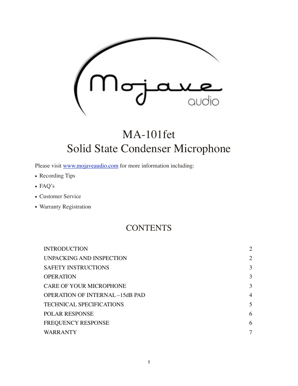 Mojave Audio A-101SP User Manual | 7 pages