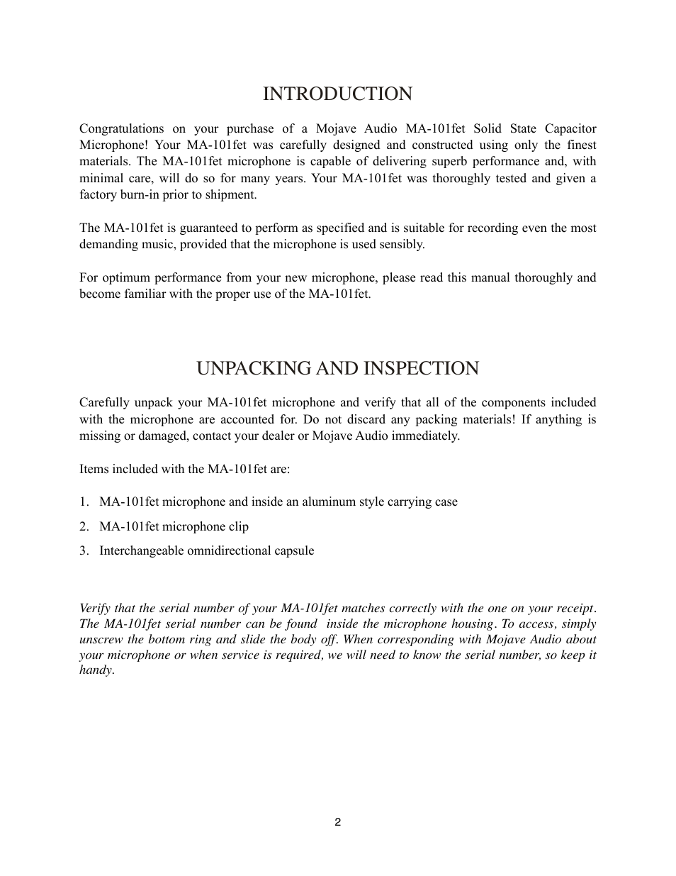 Introduction, Unpacking and inspection | Mojave Audio A-101SP User Manual | Page 2 / 7
